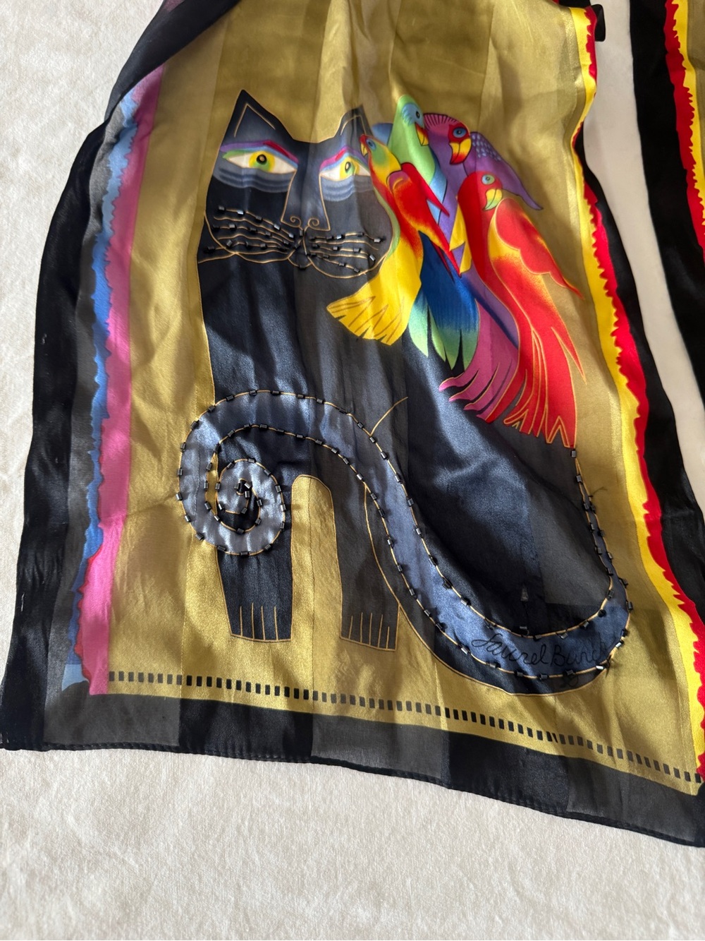 Vintage Laurel Burch Black Cat Parrot Silk Scarf Multicolor Art Wear Collectible - Picture 5 of 16